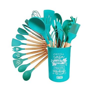 Imagem de Kit De Cozinha 12 Peças Utensílios De Silicone Antiaderentes Com Cabos De Madeira e Nylon, Suporta Temperaturas até 250°C, Cabos Ultras Resistentes De Madeiras Não Riscam Suas Panelas Verde UTILY
