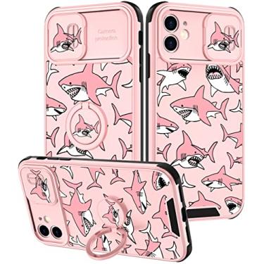 Imagem de Goocrux (2 em 1) para iPhone 11 Capa fofa tubarão meninas mulheres desenho animado Kawaii animal design feminino capas de telefone com tampa de câmera deslizante + suporte de anel exclusivo rosa capas para iPhone 11 6,1 polegadas