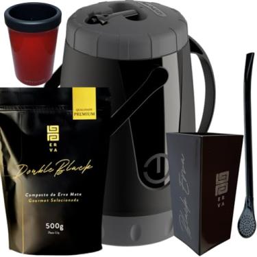Imagem de Kit Para Tereré Garrafa Lisa Black Erva Mate 500g Copo Cuia Quadrado Acrílico Bomba Clássica Preta (DOUBLE BLACK)