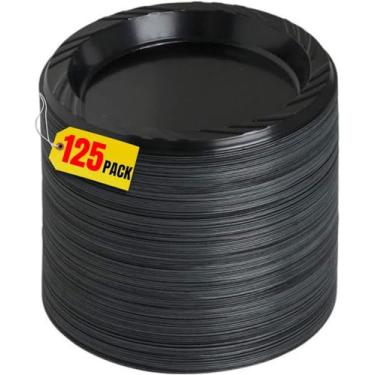 Imagem de 1InTheHome Pratos de plástico preto descartáveis, pratos de plástico descartáveis, pratos de jantar pretos, pratos de jantar de plástico descartáveis, 15 cm de diâmetro, redondos, pacote com 125