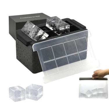 Imagem de Bangp Molde transparente para cubos de gelo premium de 5 cm faz 8 cubos de gelo grandes quadrados transparentes para uísque, coquetéis, bourbon e bebidas, com saco reutilizável de armazenamento de