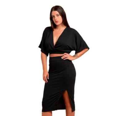 Imagem de Conjunto Blusa Morcego + Saia Midi Modeladora Canelada Lápis Feminino 