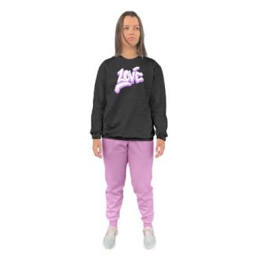 Imagem de Conjunto de Moletom Feminino Blusa Sem Capuz e Calça Jogger Estampado 