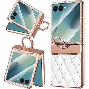 Imagem de NINKI Capa de diamantes para Samsung Galaxy Z Flip 7 com suporte de anel e protetor de dobradiça, capa feminina branca de couro fofo com glitter brilhante strass brilhante para Galaxy Z Flip 7