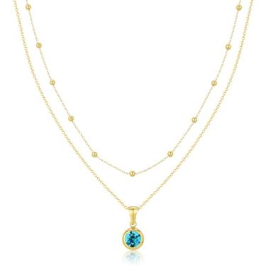 Imagem de Jewanfix Colar em camadas banhado a ouro 14K feminino diamante esmeralda colar de pedra do mês de nascimento colar de ouro delicado colar rosa azul-petróleo cubo zircônia pingente colar joia feminina