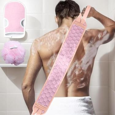 Imagem de Conjunto de 3 esfregões corporais esfoliantes, esfoliantes corporais, esfregão de costas, luva de banho e esponja de chuveiro para chuveiro, esfregões esfoliantes para homens e mulheres (rosa)