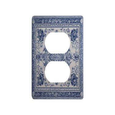 Imagem de Blueangle Placa de parede frente e verso estilo porcelana azul e branca, tamanho padrão, placas de cobertura de tomada elétrica de 1 gangue para decoração de quarto de escritório em casa, 4,53 x 2,76