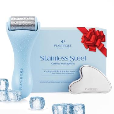 Imagem de PLANTIFIQUE Rolo de gelo facial e conjunto Gua Sha de aço inoxidável - Ferramentas de massagem para cuidados com a pele de crioterapia - Conjunto massageador de metal para rosto inchado, sob os olhos