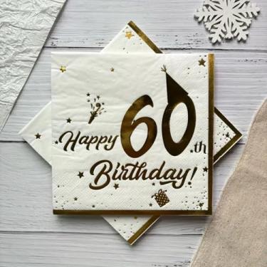 Imagem de Guardanapos de festa de aniversário de 60 anos, branco com impressão "152.4 cm dourada e designs festivos, material de polpa de camada dupla, adequado para refeições de celebração e eventos