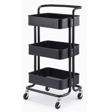 Imagem de Carrinho de rodinhas de 3 camadas, carrinho utilitário de aço carbono preto, rack organizador de banheiro móvel com rodas, unidade de prateleiras à prova d'água para arte, artesanato, fraldas