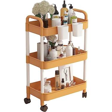 Imagem de Carrinho de carrinho de salão de acrílico com rodas silenciosas, rack de armazenamento de 3 níveis, alta capacidade de carga, organizador de ferramentas de rolamento com cerca elevada, design laranja