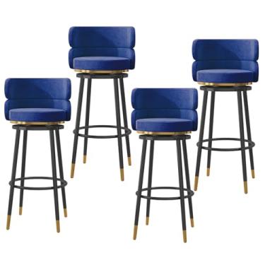 Imagem de Conjunto de bancos de bar estofados de veludo de 4,65 cm, banquetas giratórias com apoio para os pés e pernas de metal preto, bancos de jantar estofados de café da manhã com encosto alto, azul
