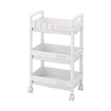 Imagem de Carrinho de cozinha branco com rodízios e alças bloqueáveis, prateleira de armazenamento que economiza espaço para sala de estar, banheiro, escritório e varanda - montagem fácil, carrinho móvel