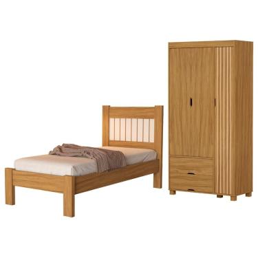 Imagem de Guarda Roupa Solteiro 3 Portas Dobráveis 2 Gavetas e Cama de Solteiro Bela Mdf Nature O...