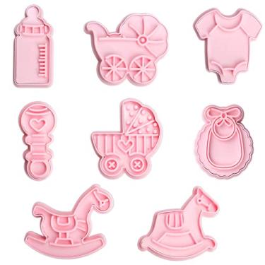 Imagem de Cortadores de biscoito para chá de bebê - Conjunto de 8 peças de cortadores de biscoito para chuveiro Bayby, formas de carrinho, mamadeira, berço, cavalo de balanço, 2, chocalho, macacões, moldes de
