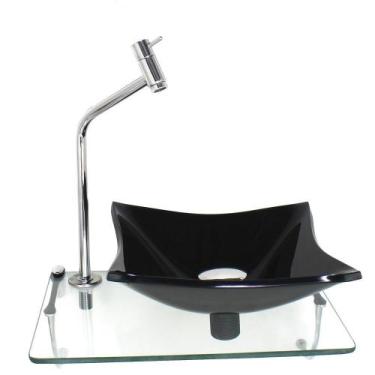 Imagem de Kit Cuba De Vidro 10Mm Preta Tampo 40Cm Incolor Com Suporte - Cubas E 