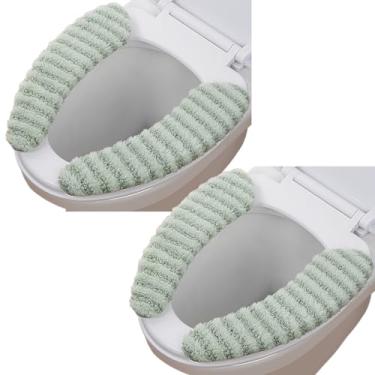 Imagem de 2 pares de capa de assento de vaso sanitário acolchoada e grossa de pelúcia antiderrapante macia para assento de vaso sanitário lavável aquecedor de banheiro com fita autoadesiva
