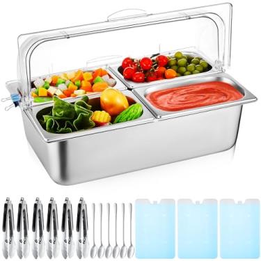 Imagem de Tessco for you 1 conjunto de recipiente para servir comida de gelo de bancada dispensador de condimentos com tampa bandeja de servir aço inoxidável com braçadeiras colheres caixa de gelo para cozinha