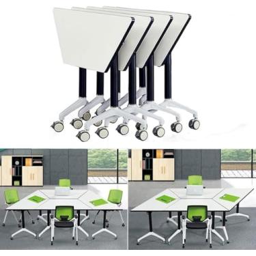 Imagem de Mesas de conferência trapezoidais, mesa de reunião dobrável, mesa de treinamento móvel com emenda e rodas traváveis, mesa de seminário de escritório, recepção, sala de reuniões, 4 peças