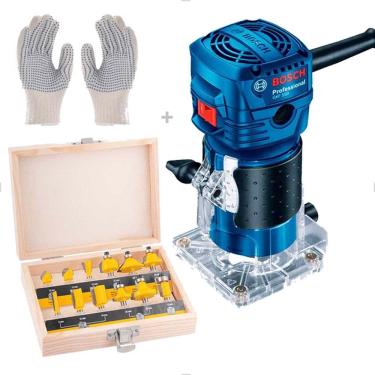 Imagem de Kit Tupia GKF550 220v Bosch e Jogo 12 Pçs Fresas 6mm Vonder + Luva de Algodão