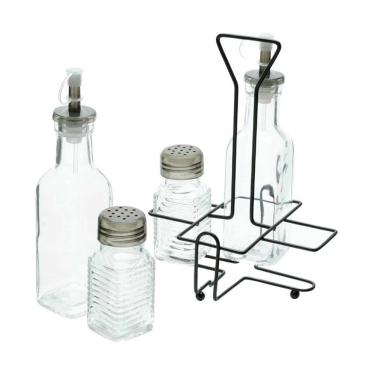 Imagem de Jogo Galheteiro Com Suporte Azeite Vinagre Saleiro Vidro E Metal 4 Peças Lyor