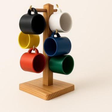 Imagem de Jogo De Canequinha 100ml Café Suporte Madeira Alumínio 6 Pçs - Budamix