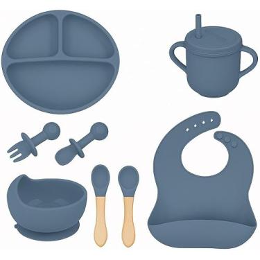 Imagem de Kit Introdução Alimentar Bebe 8 Peças 100% Seguro Livre de BPA Antibacteriano Prato + 2 Talheres Silicone + 2 Talheres Cabo de Madeira Sem Pontas + Bowl Babador Copo - AZUL