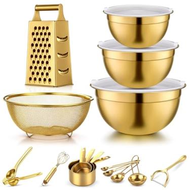 Imagem de LemonRoad Conjunto de 10 acessórios de cozinha dourados, inclui tigelas douradas com tampas herméticas, escorredor de aço inoxidável, ralador, espremedor de limão, descascadores, batedor de ovos
