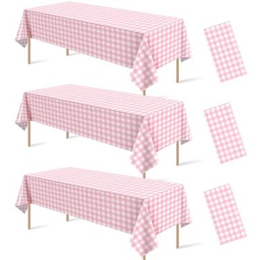 Imagem de 3 peças de decoração de toalha de mesa guingão rosa e branca, toalha de mesa descartável de plástico rosa xadrez buffalo, capa de mesa para chá de bebê, casamento, festa de aniversário, 137 x 272 cm