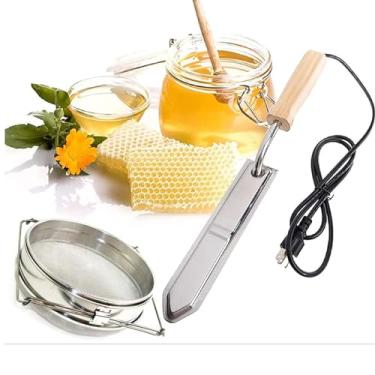 Imagem de Faca elétrica para destampar mel de 2 unidades, extrator de mel de raspagem de aço inoxidável com filtro de mel de peneira dupla, cortador de aquecimento de cera de abelha com cabo de madeira para a