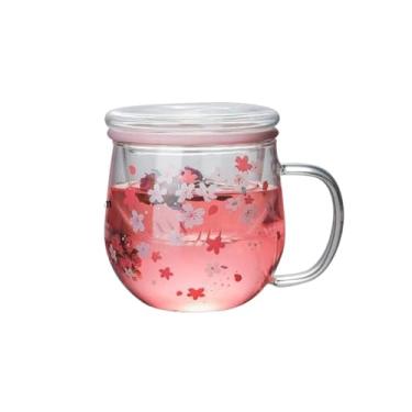 Imagem de URGDWEKJY Copo de vidro flor flor xícara de chá transparente resistente ao calor 300 ml caneca com filtro infusor de chá e tampa copo de água