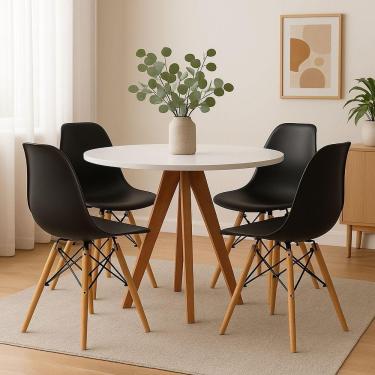 Imagem de Conjunto Mesa Redonda Branca 90cm + 4 Cadeiras Eames Pretas Pés Madeira Sala Jantar Cozinha Moderna