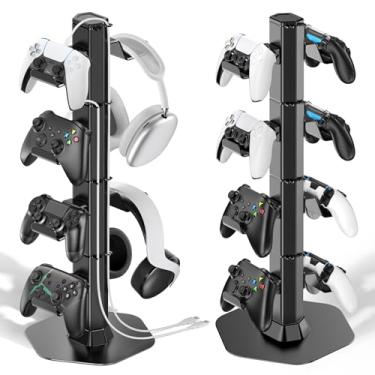 Imagem de Suporte para auriculares e comando de 4 níveis para Xbox/PS5/PS4/ Switch, suporte comando com armazenamento de cabos, suporte universal e organizador de comandos com 8 ganchos, acessórios de jogos
