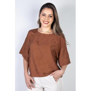 Imagem de Blusa feminina manga 7/8 bordada 51111 - Fluffy, Marrom, P