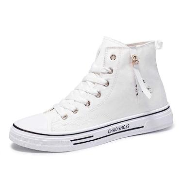 Imagem de WILTENA Tênis masculino moderno de lona de cano alto casual para uso ao ar livre, Branco, 38