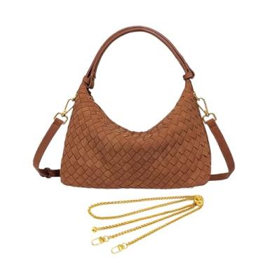 Imagem de Bolsa de ombro de camurça tecida com 2 alças de estilo, bolsas femininas de tecido de couro vegano, alça superior ajustável, Camurça marrom, free, Bolsa leve de luxo/bolsa com alça superior