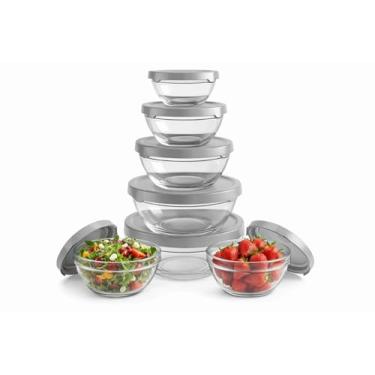 Imagem de Conjunto com 5 Potes Redondos de Vidro com Tampa – Armazenamento Seguro, Organização e Vedação Eficiente - Conjunto de 5 Tigelas Bowl Redondas Para Geladeira Microondas e Freezer (Cinza)