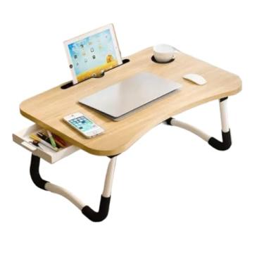 Imagem de Mesa Portátil Dobrável Com Gaveta Para Notebook Home Office Estudo Refeição Cama Com Porta Copo MDF
