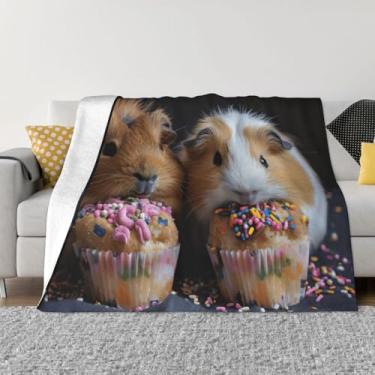 Imagem de Cobertor de viagem macio e divertido com estampa de porquinhos-da-índia e cupcakes, adequado para sofás e camas.
