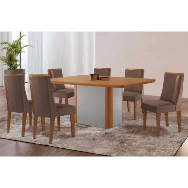 Imagem de Conjunto: Mesa de Cozinha Pietá Tampo Curvo 180cm+6 Cadeiras Tilia Madeira Naturale/Off White - Capuccino/Suede Marrom - Rufato