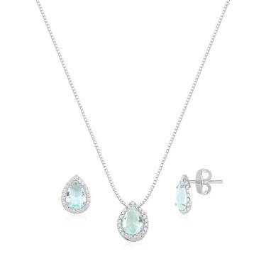 Imagem de Colar Pingente Gota Aqua Marine Zircônia Cravejado Prata 925