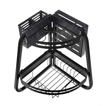Imagem de Prateleira de Secagem Louça Canto Triangular Dobrável 2 Níveis Organizador Multifuncional Aço Carbono para Acima da Pia com Suportes Desmontáveis e Ganchos Utilitários Tudo-em-Um Cozinha
