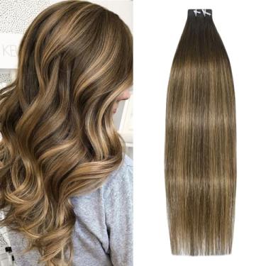 Imagem de WindTouch Extensões de cabelo humano com fita adesiva balayage chocolate marrom a caramelo loiro natural extensões de cabelo fita em cabelo real balayage liso 35,5 cm 20 peças 30g/pacote