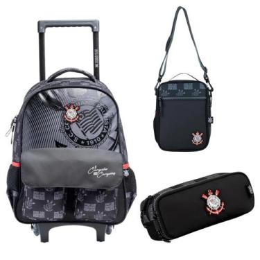 Imagem de Kit Mochila Com Carrinho Lancheira Térmica e Estojo Duplo Corinthians 
