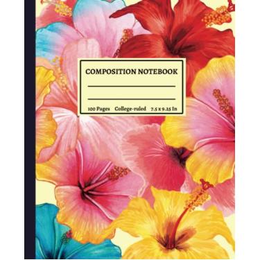Imagem de Caderno de composição: caderno de composição vintage com ilustração de flor de hibisco fofo para meninas, meninos, mulheres e professores | Diário de ilustração botânica estética para fazer anotações.