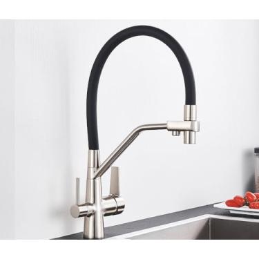 Imagem de Filtro de água torneira da cozinha 2 em 1 preto puxar para baixo torneiras pia água pura para cozinha deck giratória misturadora fria, níquel escovado b