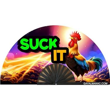 Imagem de PandaTak Fãs de mão dobráveis Gay Pride, leque de bambu grande engraçado de 33 cm com tinta reativa UV, para festas de circuito LGBTQ EDM festivais e raves (Suck It)