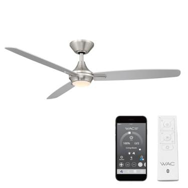 Imagem de Ventoinha de teto WAC Smart Fans Blitzen para ambientes internos e externos de 3 lâminas para casa inteligente 137.2 cm níquel escovado com kit de luz LED de 3000 K e controle remoto funciona com
