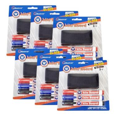 Imagem de 6 Caneta Marcador Profissional Quadro Branco 3 Cor Apagador - WITEBOAR