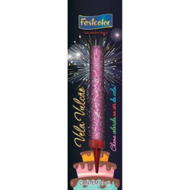 Imagem de Vela para Aniversário Vulcão Rosa com Glitter e Chama Colorida - Festc